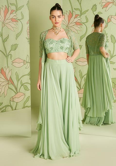 Sage Green 3D Embroidered Jacket Set