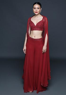 Mineral Red Silk Embroidered Fusion Set