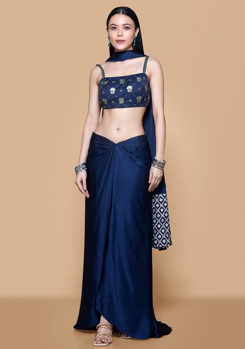 Blue Hand Embroidered Pre-Draped Skirt Set