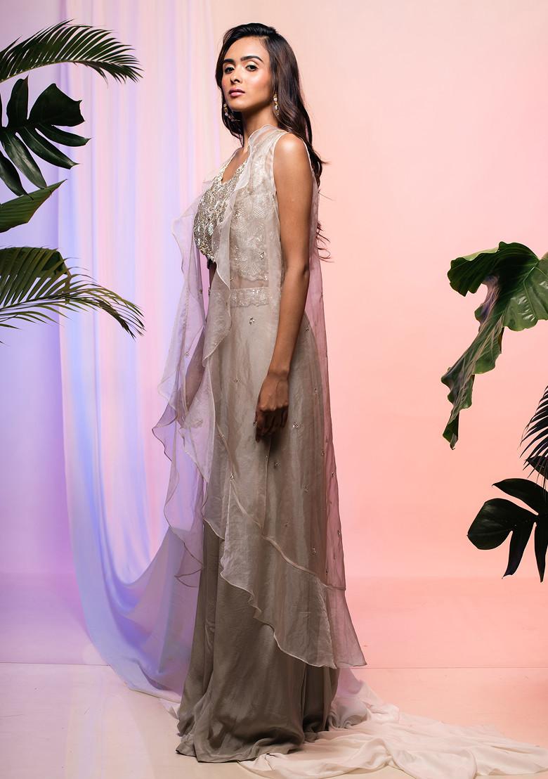 Dusty Golden Embroidered Jacket Set - Indya