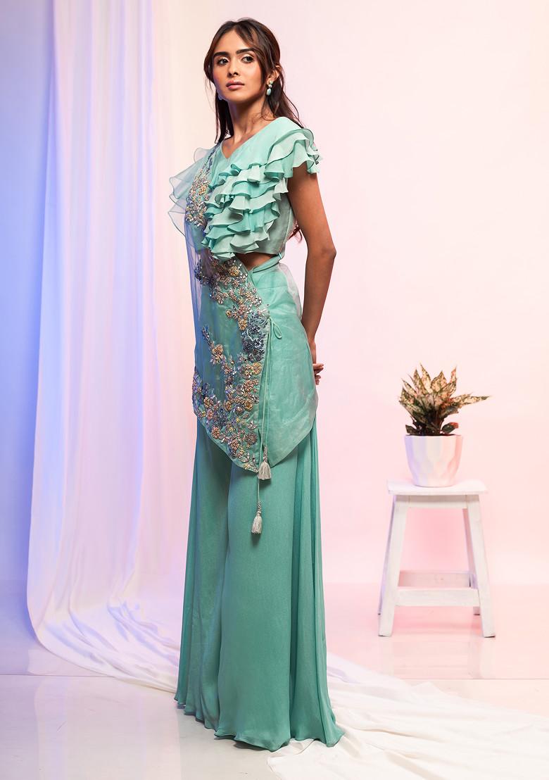 Aqua Blue Embroidered Cape Set - Indya