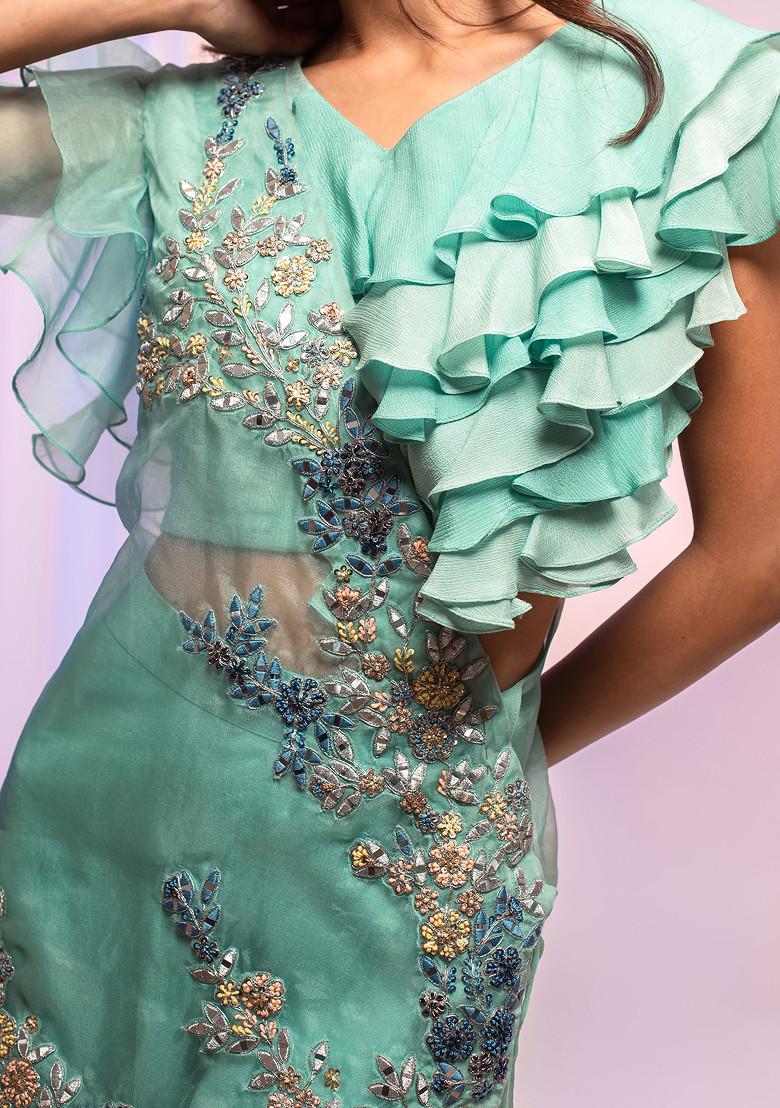 Aqua Blue Embroidered Cape Set - Indya