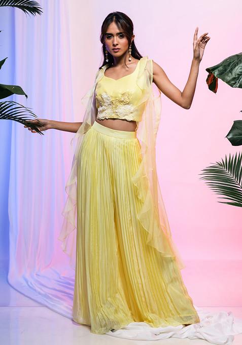 Yellow Embroidered Organza Jacket Set