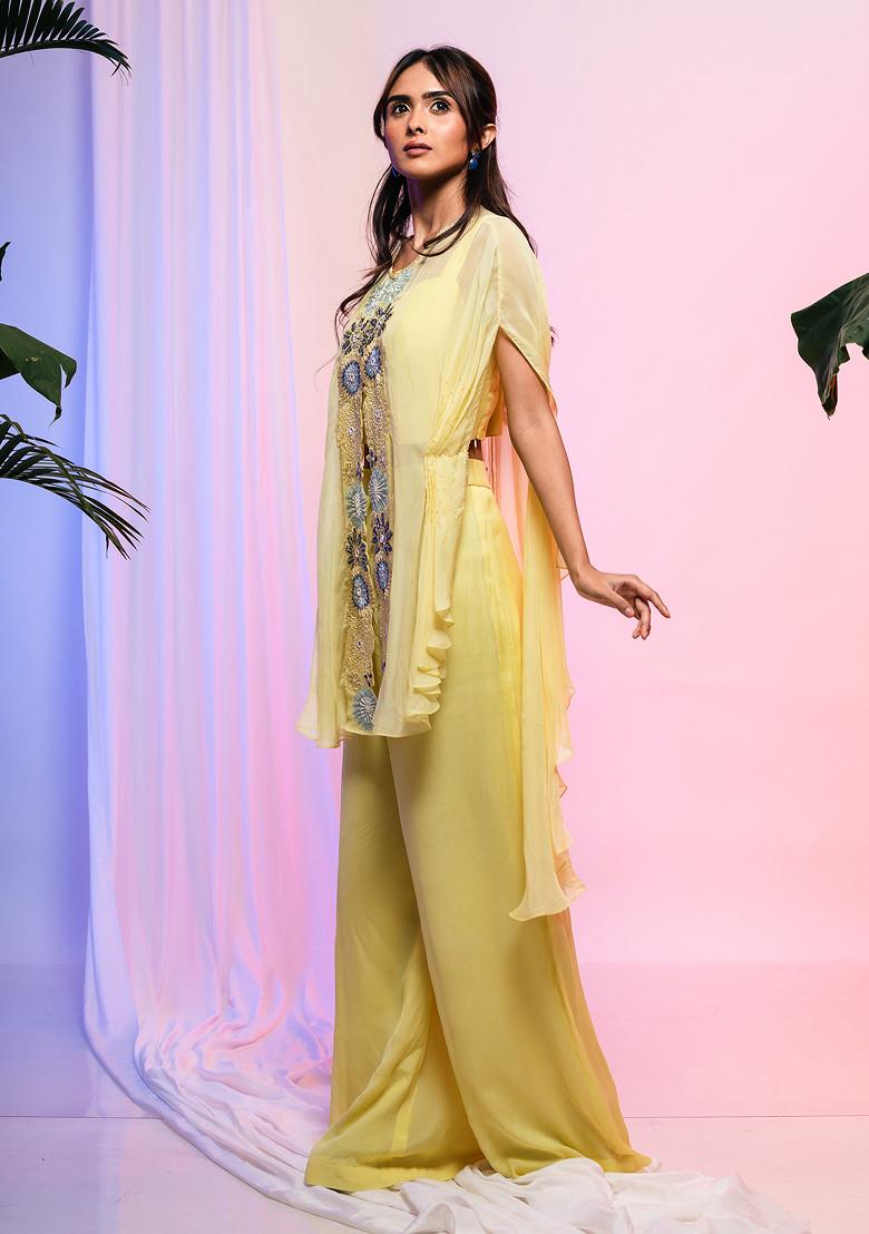 Yellow Embroidered Organza Cape Set
