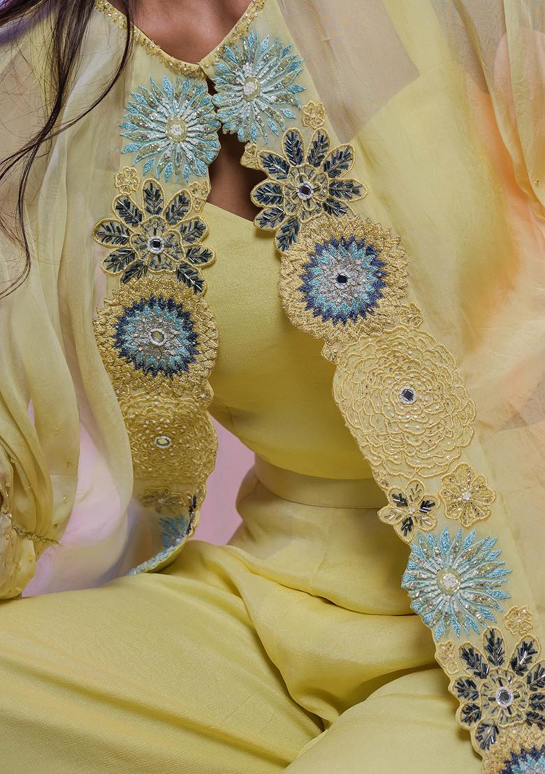 Yellow Embroidered Organza Cape Set
