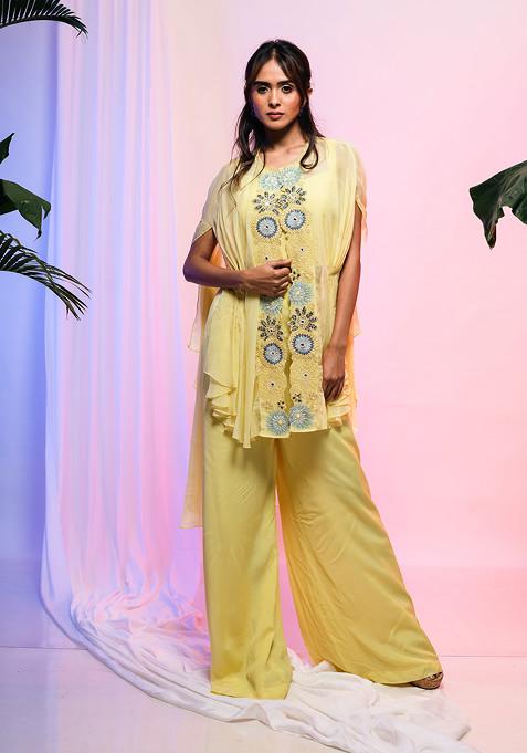 Yellow Embroidered Organza Cape Set