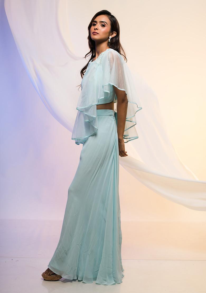 Blue Embroidered Georgette Palazzo Set