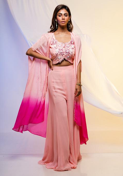 Pink Embroidered Chinon Cape Set