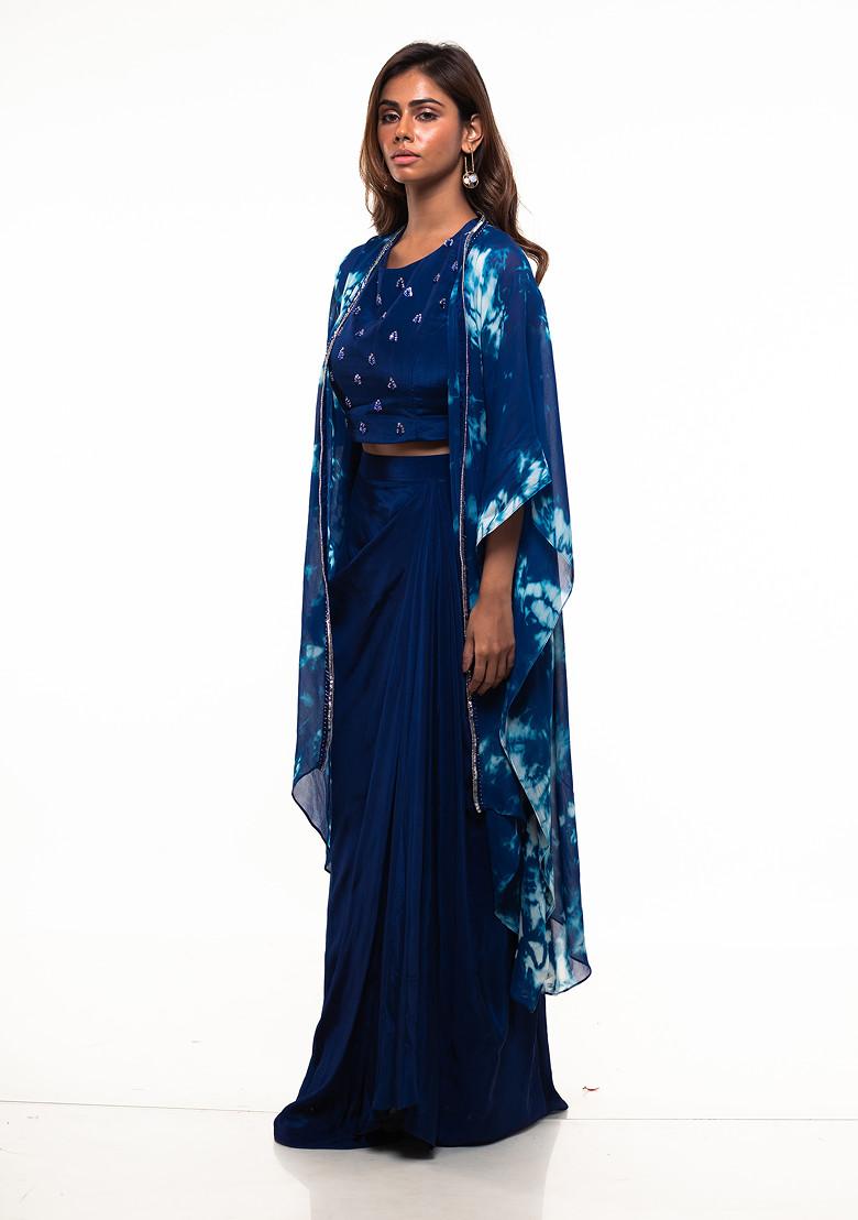 Blue Embroidered Georgette Jacket Set - Indya