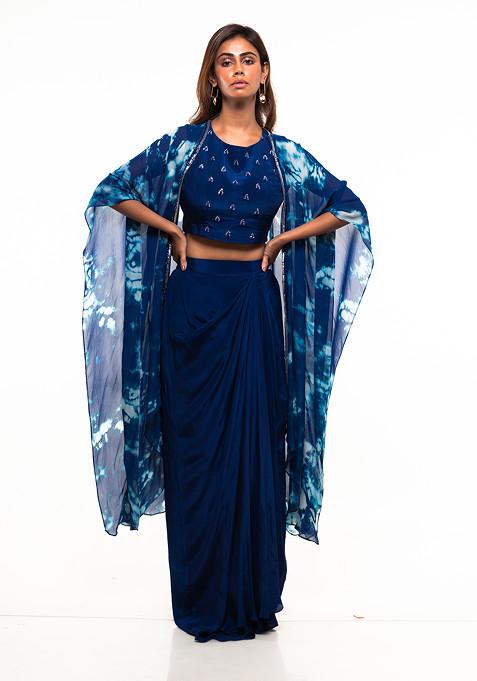 Blue Embroidered Georgette Jacket Set