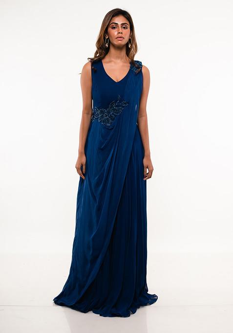 Blue Embroidered Georgette Gown