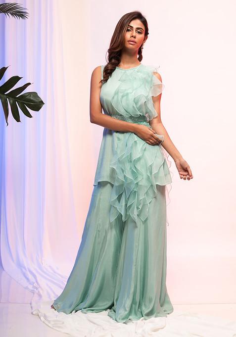 Aqua Embroidered Organza Palazzo Set