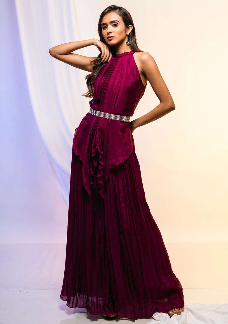 Magenta Solid Co-ord Set With Belt - Indya
