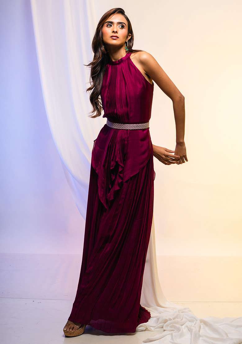 Magenta Solid Co-ord Set With Belt - Indya