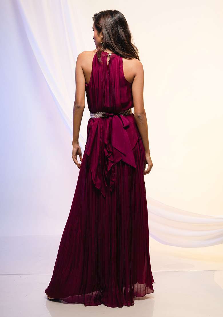 Magenta Solid Co-ord Set With Belt - Indya