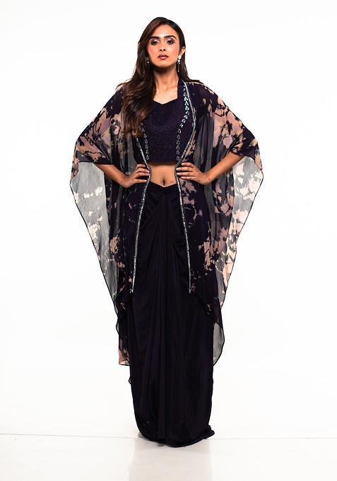 Purple Embroidered Crepe Cape Set