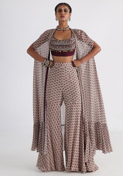 Brown Embroidered Viscose Cape Set