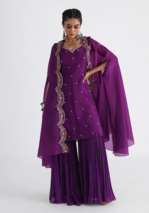 Purple Hand Embroidered Satin Organza Cape Set