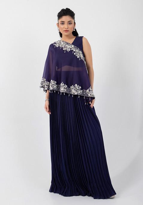 Blue Hand Embroidered Chinon Taffeta Skirt Set