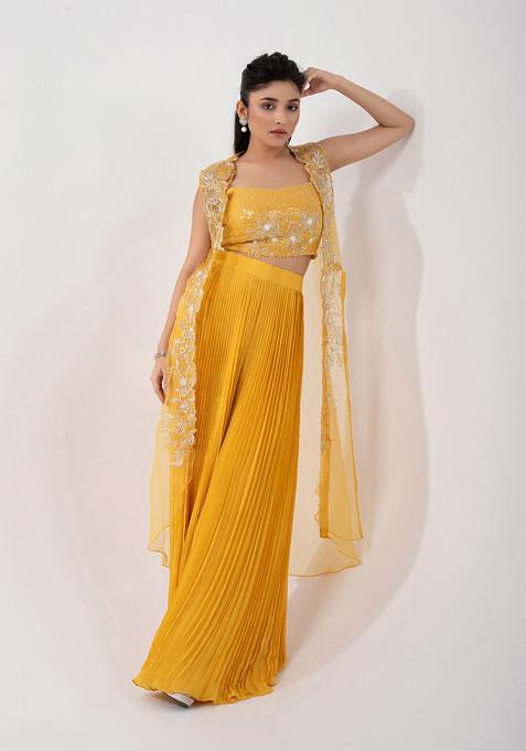 Yellow Hand Embroidered Chinon Taffeta Skirt Set