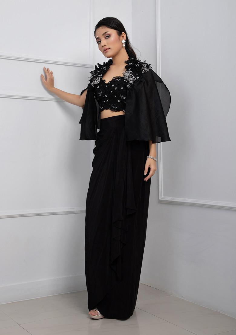 Black Hand Embroidered Crepe Skirt Set - Indya