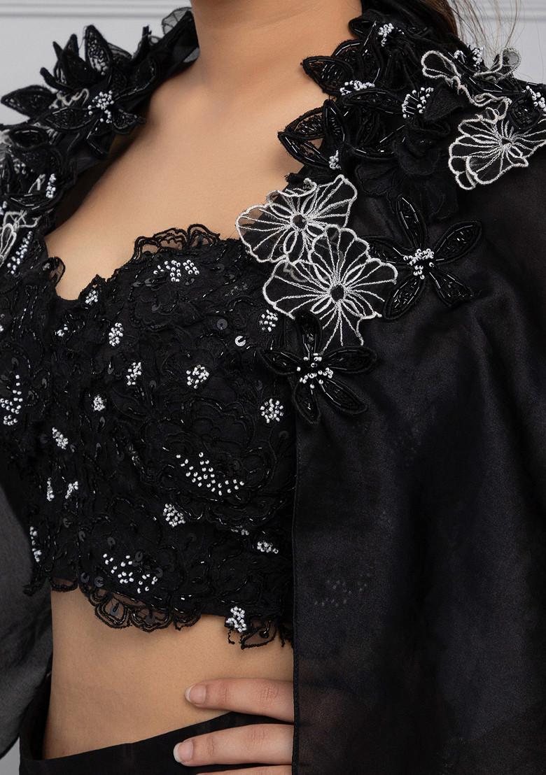 Black Hand Embroidered Crepe Skirt Set - Indya