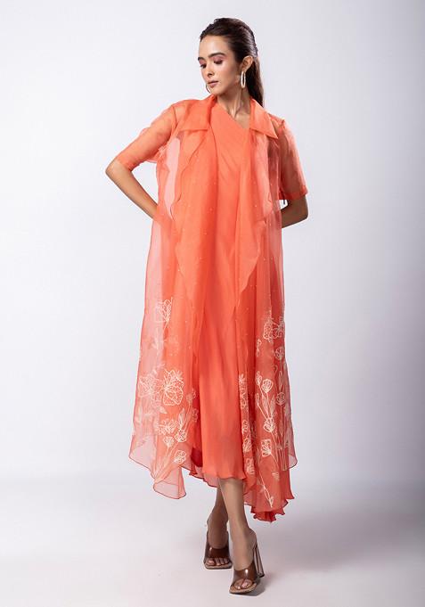 Orange Hand Embroidered Crepe Jacket Set