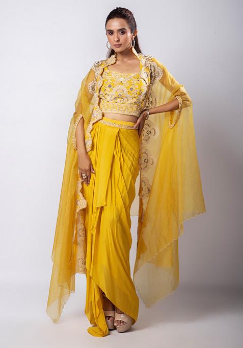 Yellow Hand Embroidered Organza Cape Set