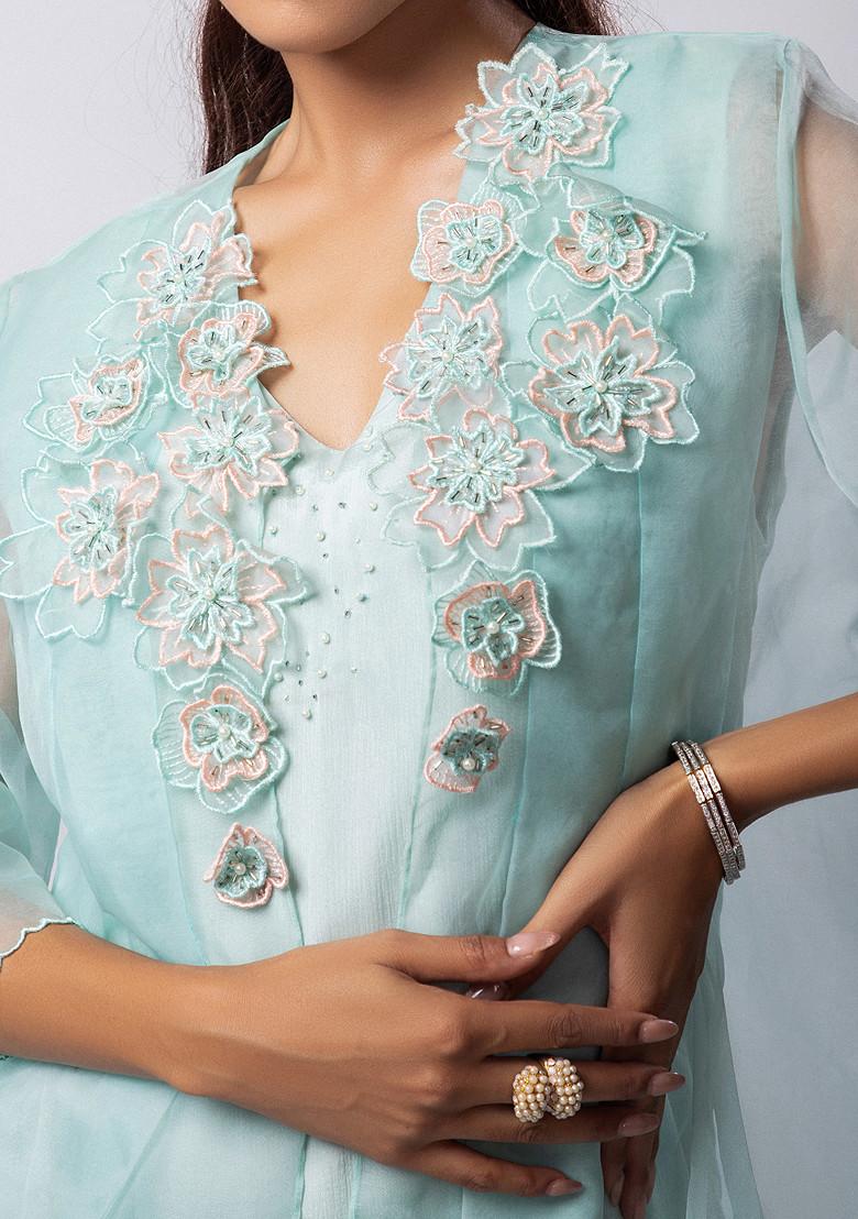Light Green Hand Embroidered Organza Jacket Set - Indya