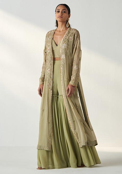 Green Hand Embroidered Georgette Cape Set