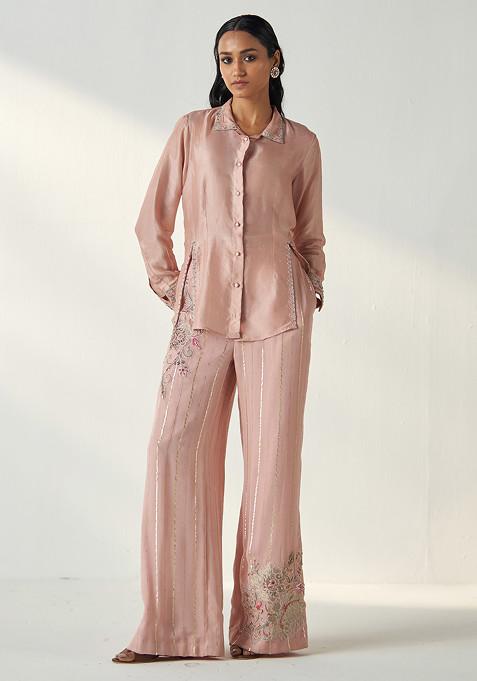 Blush Pink Sequin Hand Embroidered Chanderi Pants Set