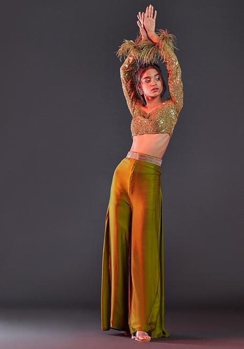 Olive Green Sequin Embellished Polyester Mesh Pants Set