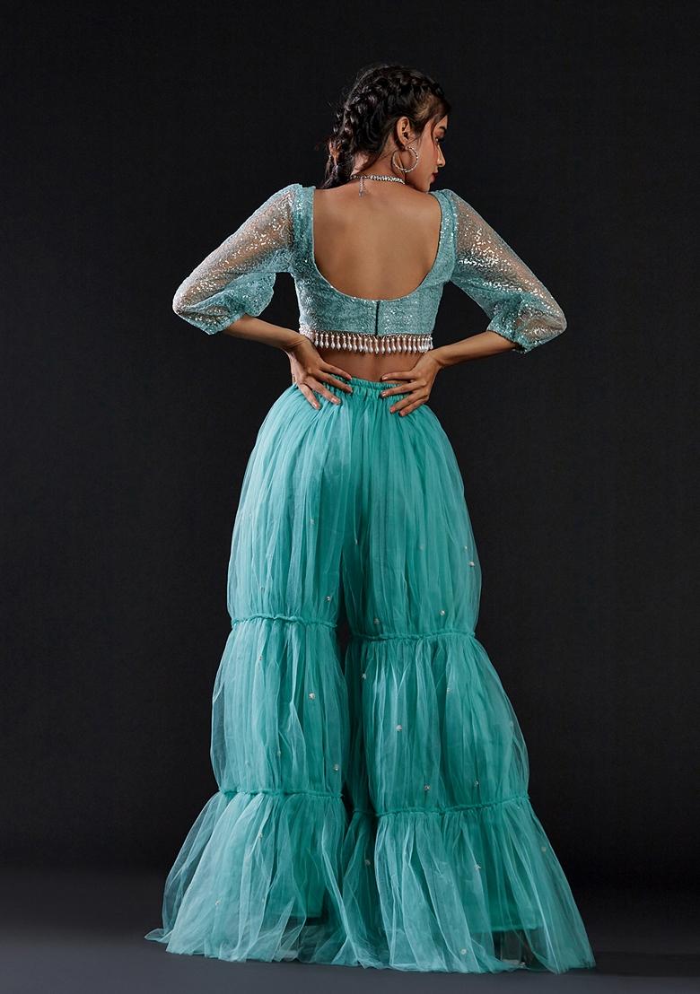 Blue Sequin Embellished Polyester Mesh Sharara Set