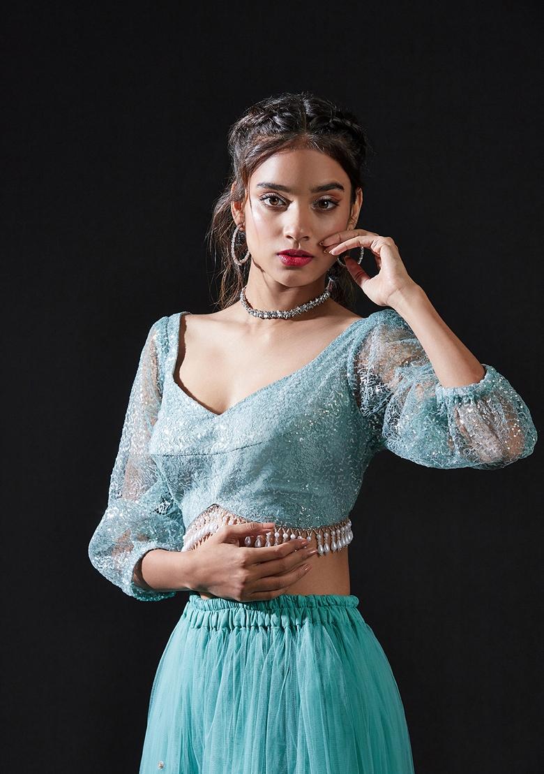 Blue Sequin Embellished Polyester Mesh Sharara Set