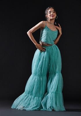 Blue Sequin Embellished Polyester Mesh Sharara Set