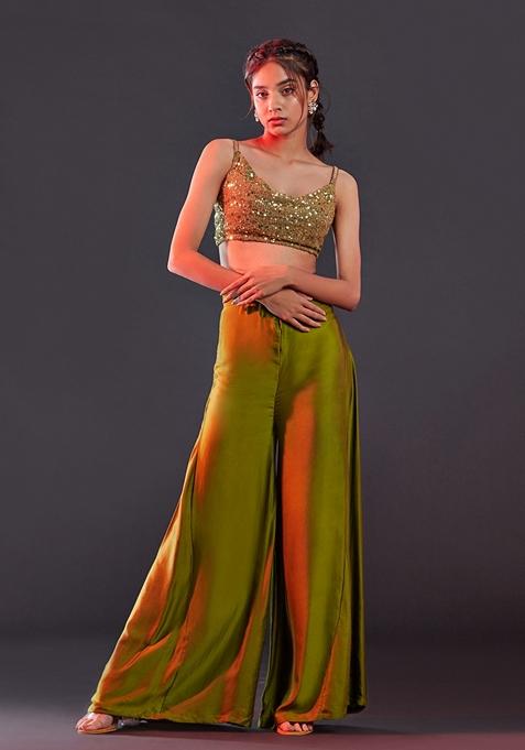 Olive Green Hand Embroidered Polyester Mesh Pants Set