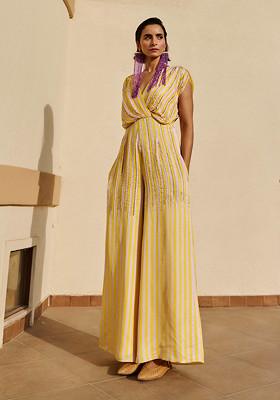 Citrus Yellow And White Embroidered Jumpsuit