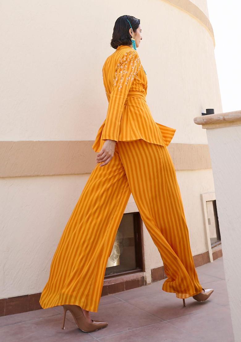 Mustard And Dark Orange Embroidered Jacket Set - Indya