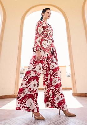 Maroon And White Floral Print Embroidered Jacket Set