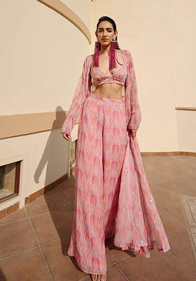 Multicolour Abstract Print Embroidered Jacket Set