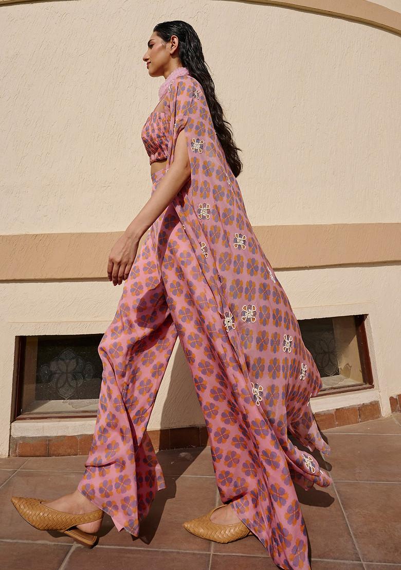 Light Baby Pink And Blue Floral Print Embroidered Jacket Set - Indya