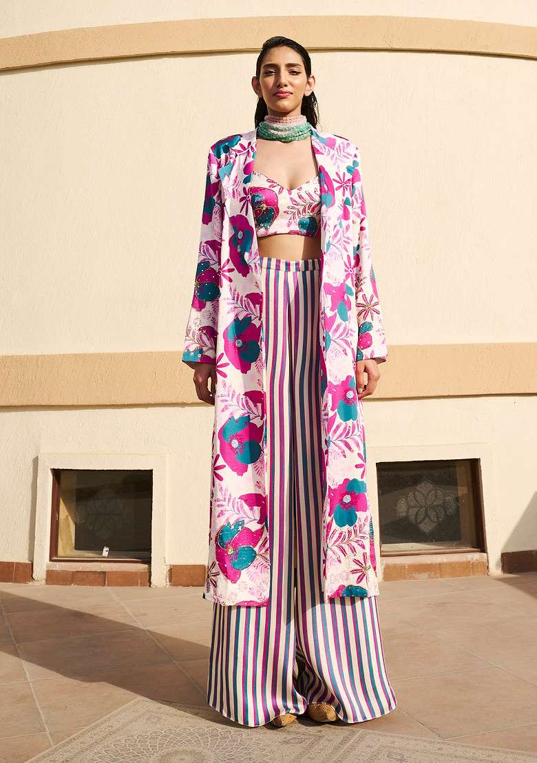 White And Dark Pink Floral Print Embroidered Jacket Set - Indya