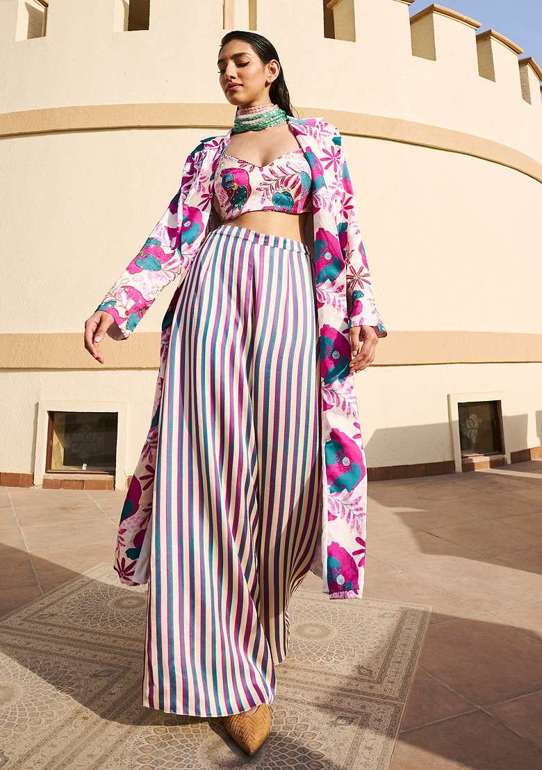 White And Dark Pink Floral Print Embroidered Jacket Set - Indya