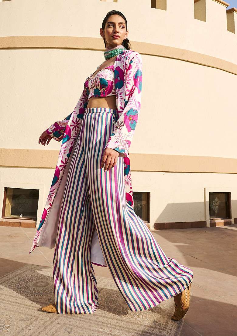 White And Dark Pink Floral Print Embroidered Jacket Set - Indya