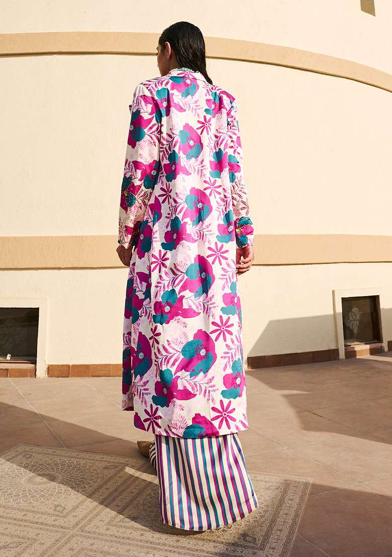 White And Dark Pink Floral Print Embroidered Jacket Set - Indya