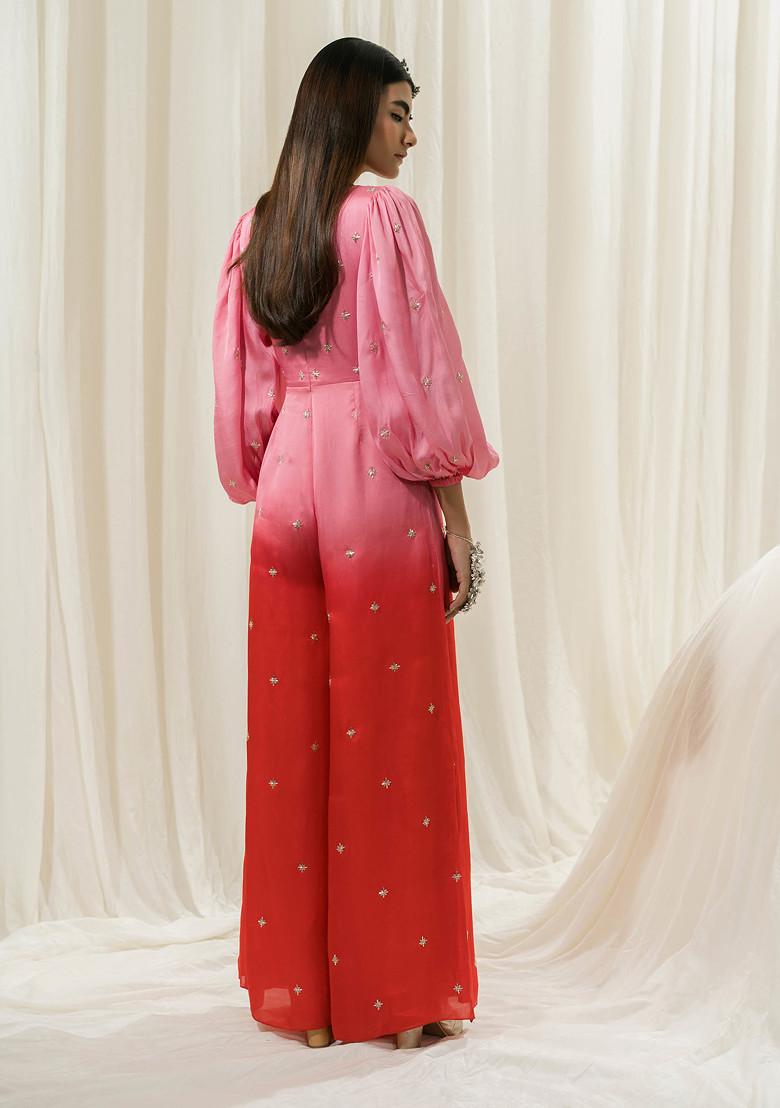 Pink And Red Boota Embroidered Satin Organza Jumpsuit