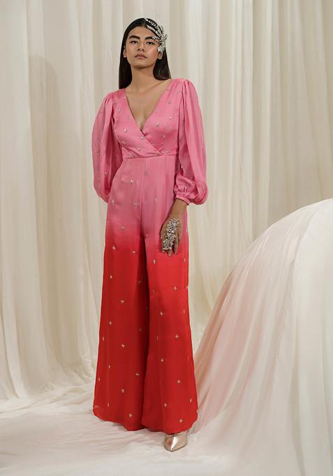 Pink And Red Boota Embroidered Satin Organza Jumpsuit