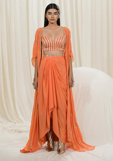 Orange Embroidered Organza Skirt Set With Belt