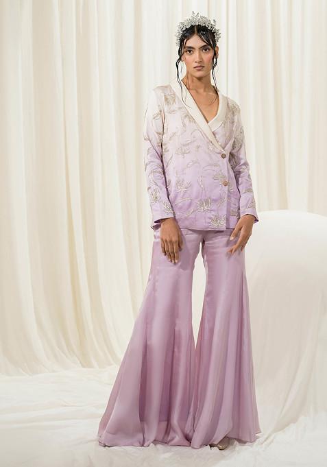 Off White And Lavender Floral Embroidered Organza Jacket Set