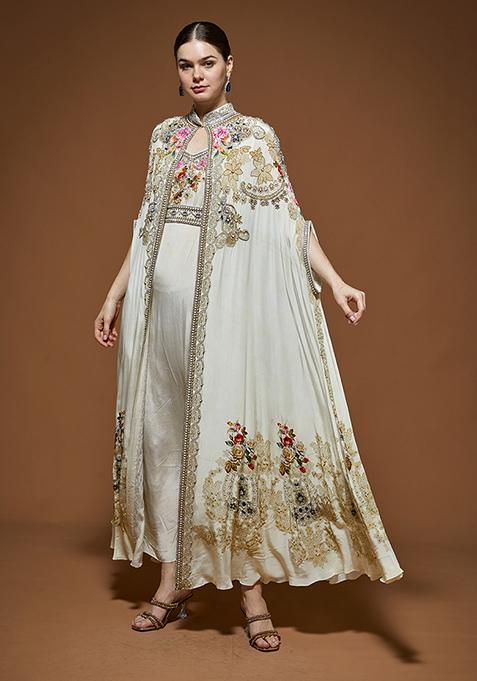 Ivory Rhinestones Hand Embroidered Bemberg Crepe Cape Set